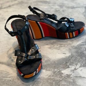 Black leather platform wedge with pattern detail